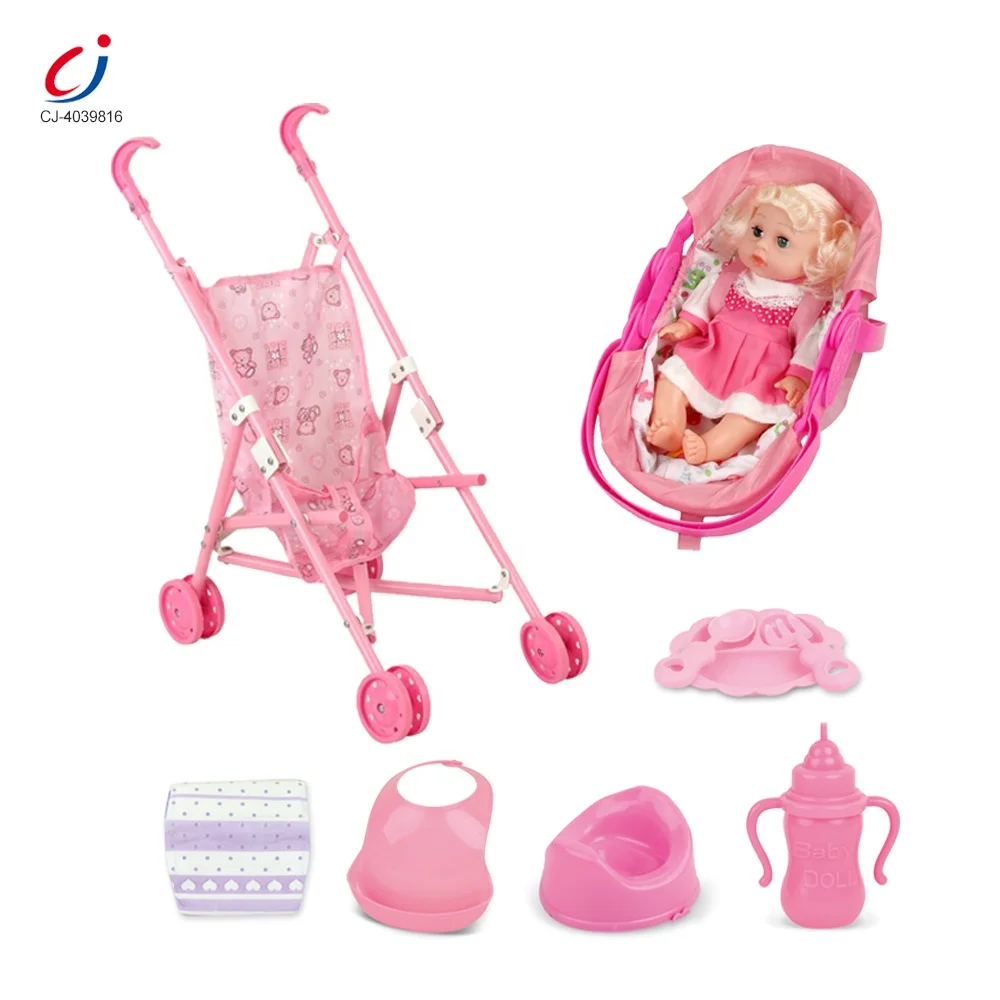 Chengji wholesale cheap pretend play drink water pee foldable pram cradle set baby 14 inch iron doll stroller toy