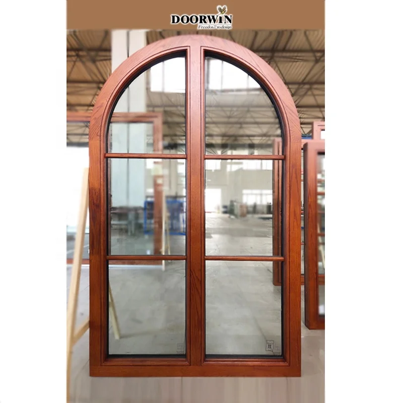 Doorwin Wholesale Pattern Design Wooden Window With Double Glazing Glass Oak Wood Round Arch Top Casement Window