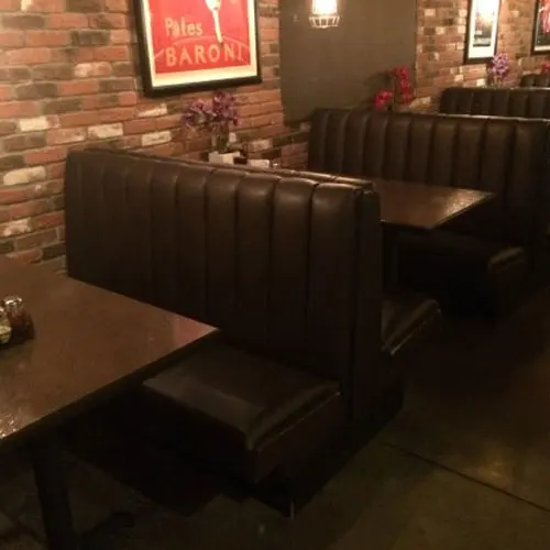 Industrial rustic vintage coffee shop pub benches button back pizza street restaurant design