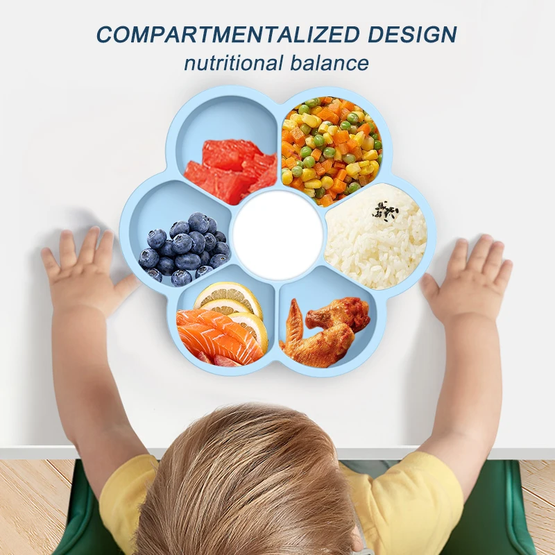 Wellfine BPA Free Kids Feeding Set Flower Plate Wholesale Dishes Baby Silicon Suction Plate Tableware baby plate with lid