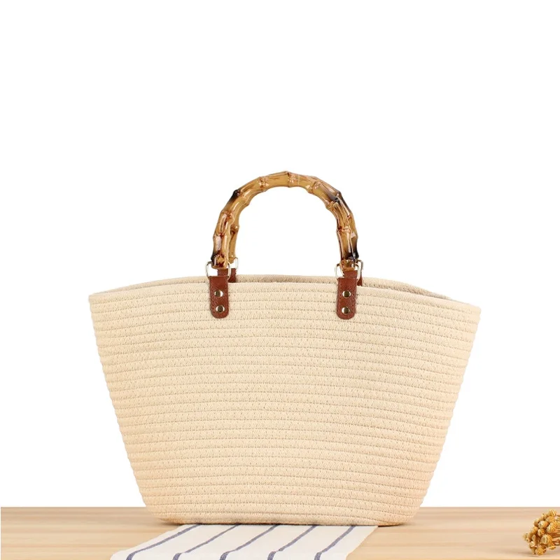 Wholesale Basket large capacity striped bamboo latest fashion straw bags casual tote bag cotton rope woven designer beach bag