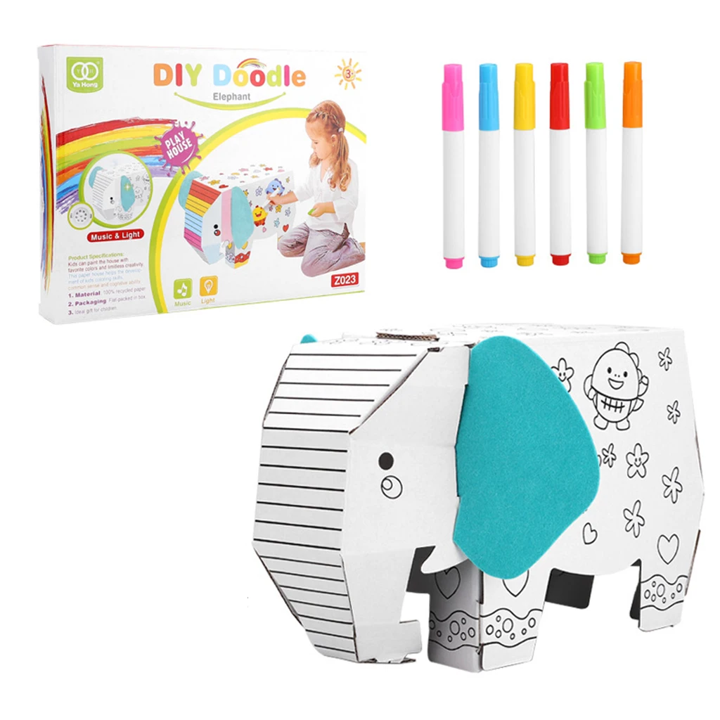 3D DIY Creative Giraffe Elephant Sheep Pattern Decorate and Personalize Painting Kids Cardboard drawing toy with music
