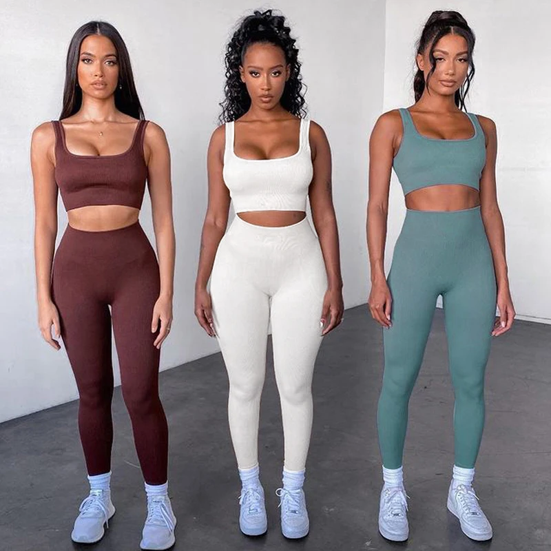 
Custom logo women fitness seemless leggings sets tiktok leggings workout 2 piece active wear Yoga Sets nylon and spandex 