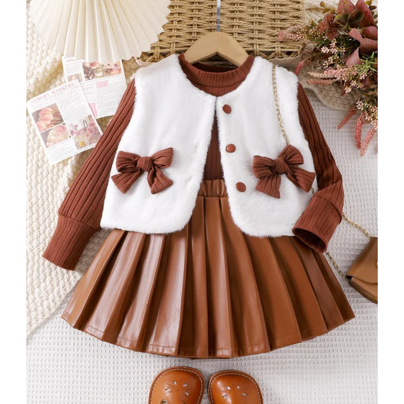 Ms-283 Baby Toddler Girl Clothes Fall Winter 2-3 Years Outfits Child Tops+Fur Vest+Skirts 3 Piece Kids Clothing Sets for Girls