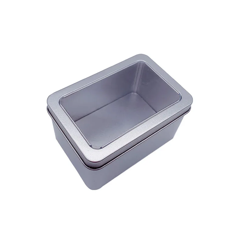 Plain Silver Rectangular Empty Tin Box Containers Gift Box and Storage Tin With Window Lid On It