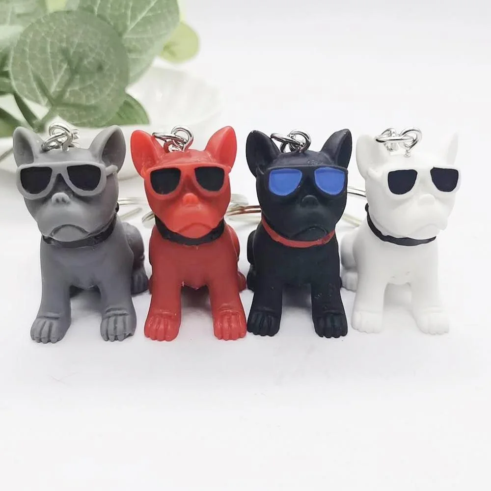 Fashion French Punk Glasses Bulldog Keychain PU Leather Dog Women Bag Charm Men Car Keyring