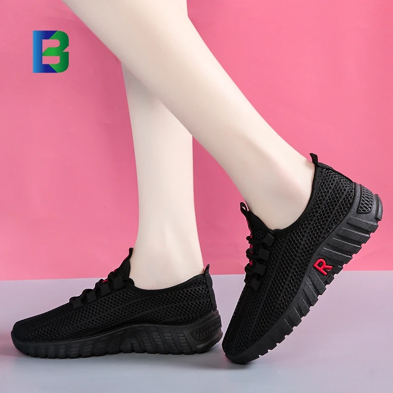BC China Factory Seller casual shoes lady black mesh sneakers Rope Shoelaces flat shoes women 2021