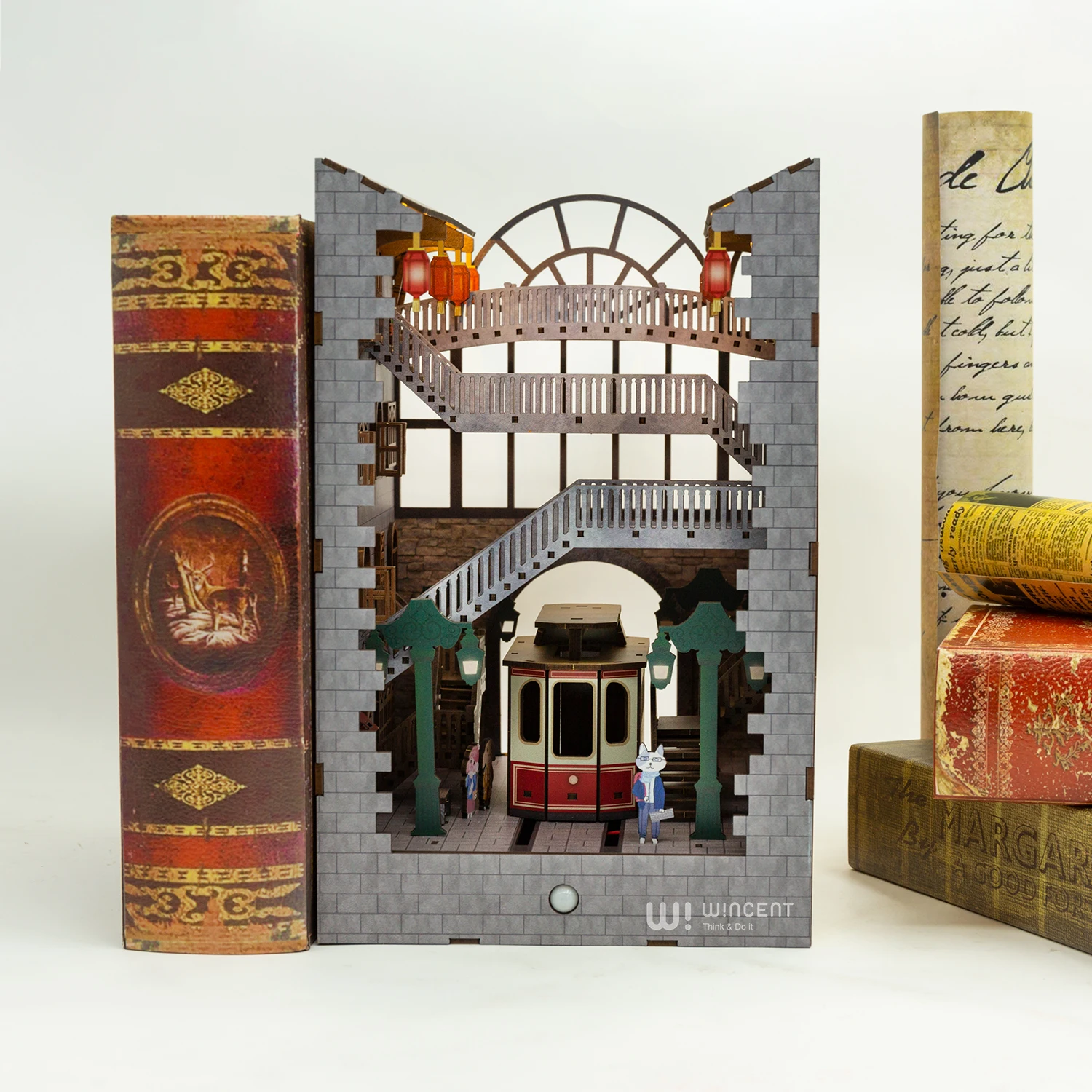 Деревянный книжный конец Wincent MDF CMYK с принтом деревянная библиотека дом здание пазл полка со светодиодной