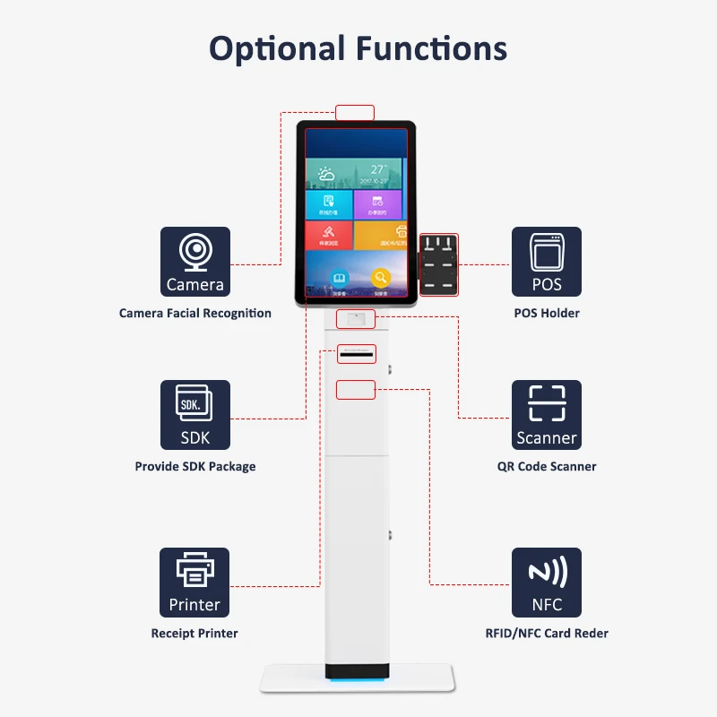 Free standing 23.6 inch self service checkout kiosk card issue smart for hotel bank capacitive touch screen terminal machine