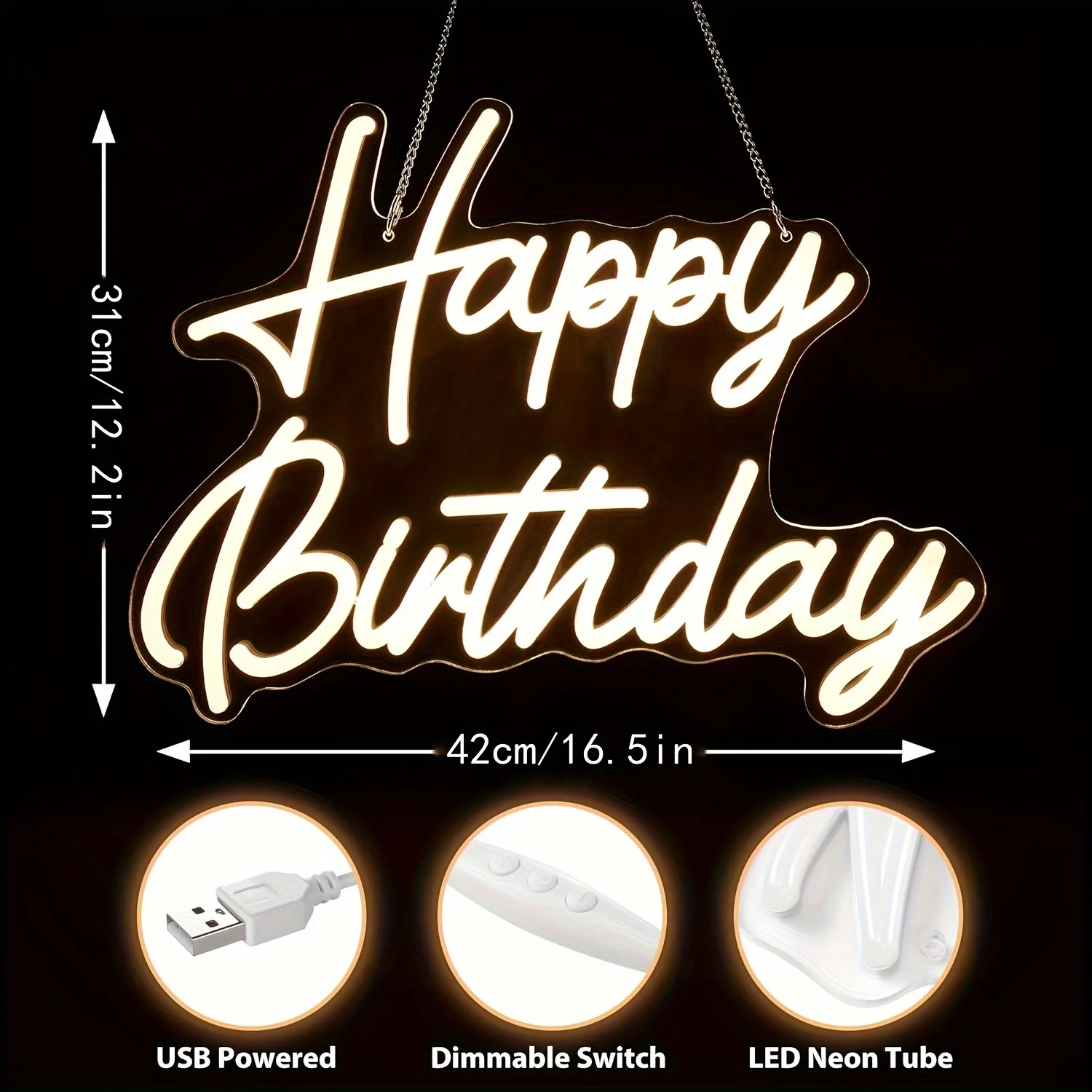 All-in-One Happy Birthday LED Illuminated Sign Warm White Neon Light for Home Bedroom Dorm or Party