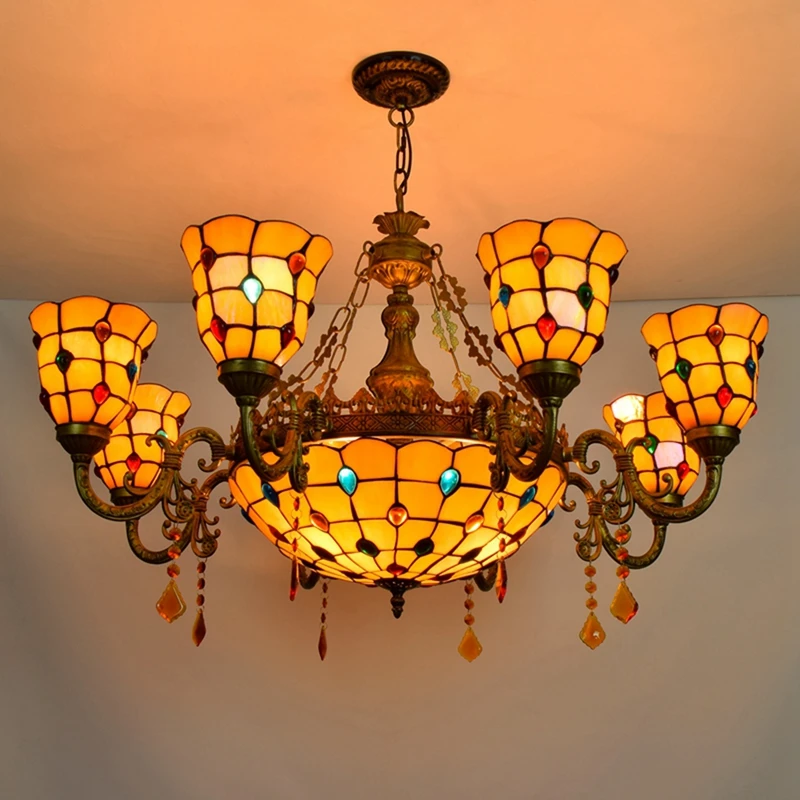 Tiffany oversized round Chandlier Vintage Handmade Stained Glass Ceiling Lighting Fixture for Bedroom Living Room chandelier
