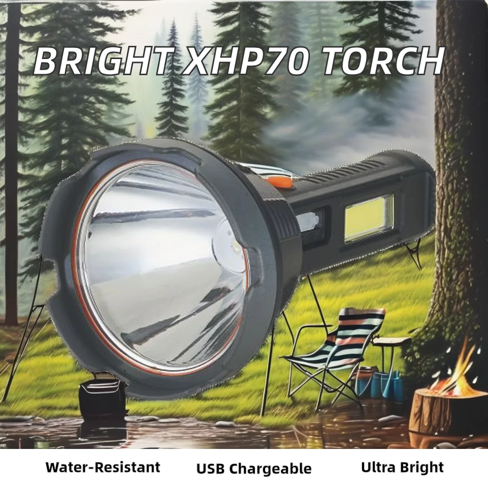 Rts Super Brightness XHP70 LED Flashlight 4 Modes Waterproof USB Charging Torch Light Outdoor Camping ABS Lamp Body