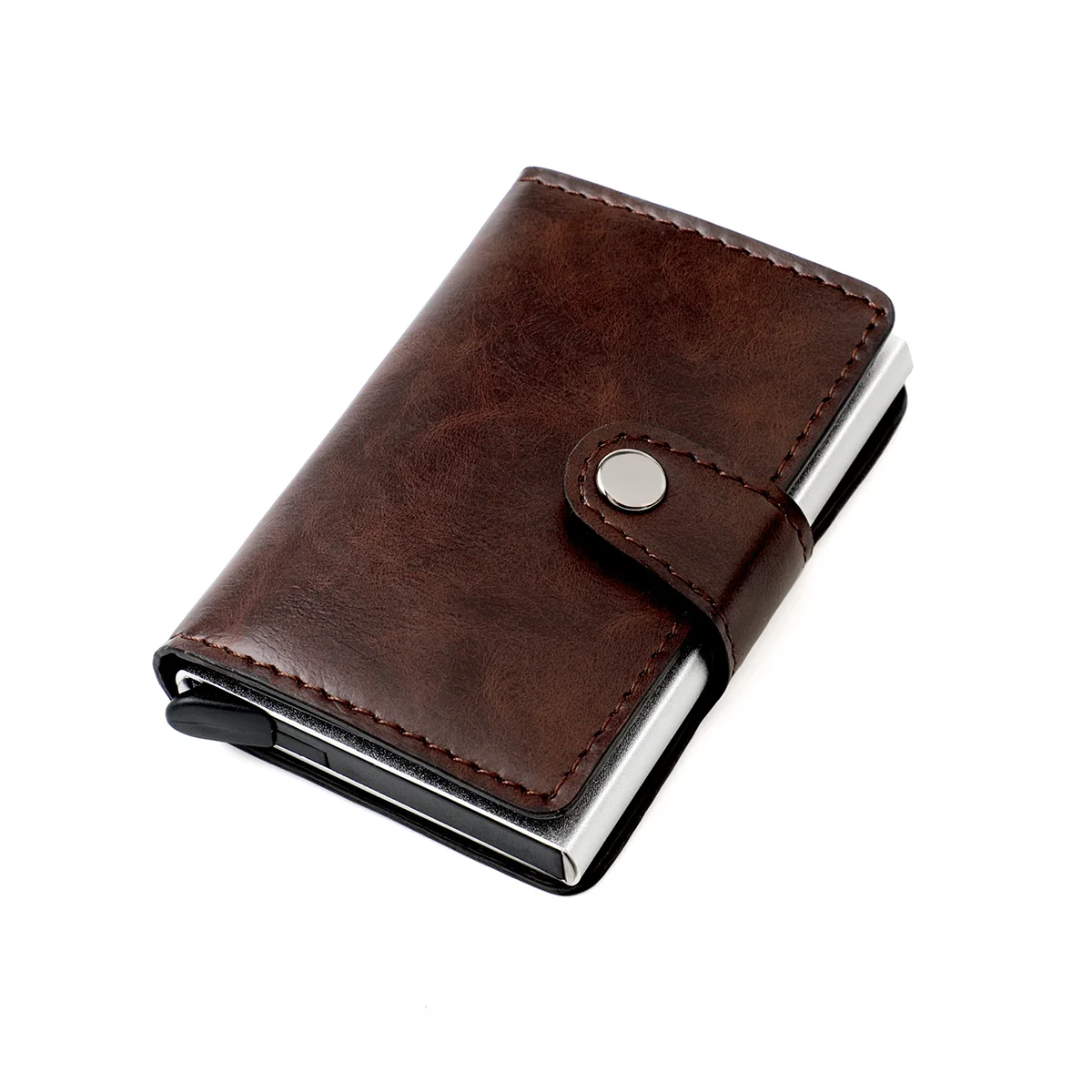 Good price Wholesale RFID Blocking Automatic Aluminium Pop Up Credit Card Real PU Leather Business Card Holder