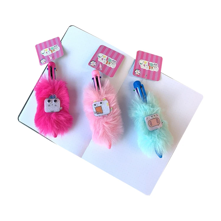 plush 6-color multi-color press ballpoint pen Colorful Plush Ballpoint Pen 6 Colors In 1 Multicolor Plastic Retractable Ball Pen