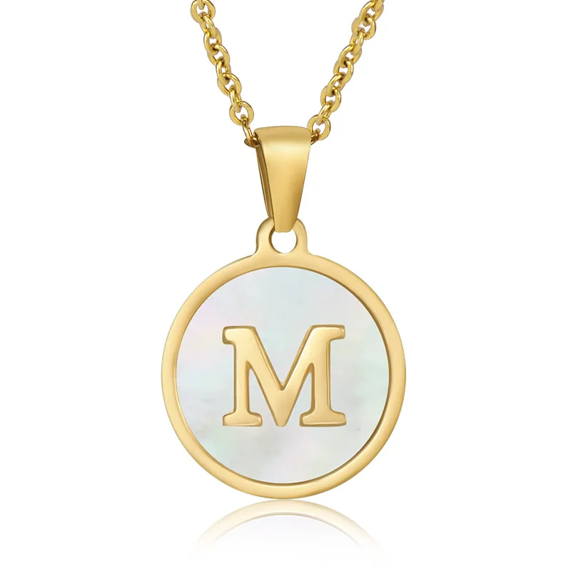 18K Gold Plated Stainless Steel Geometric Round White Shell English Letter Initial Pendants Necklace For Best Friend Birth Gift