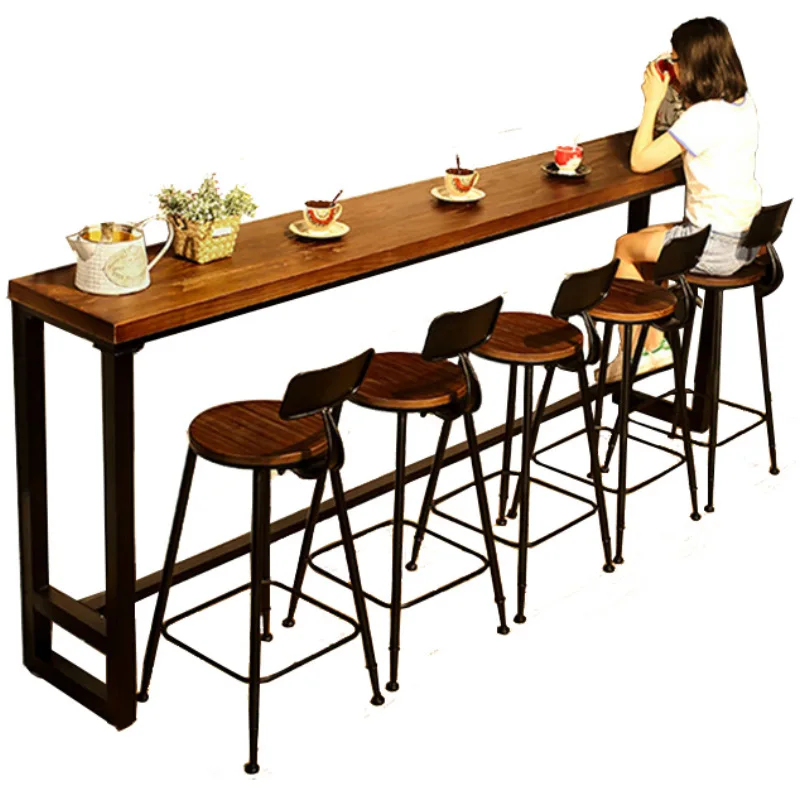 American Vintage Solid Wood Coffee Shop Counter Furniture Sets Cafe Combination Metal Simple Modern High Leg Narrow Long Bar