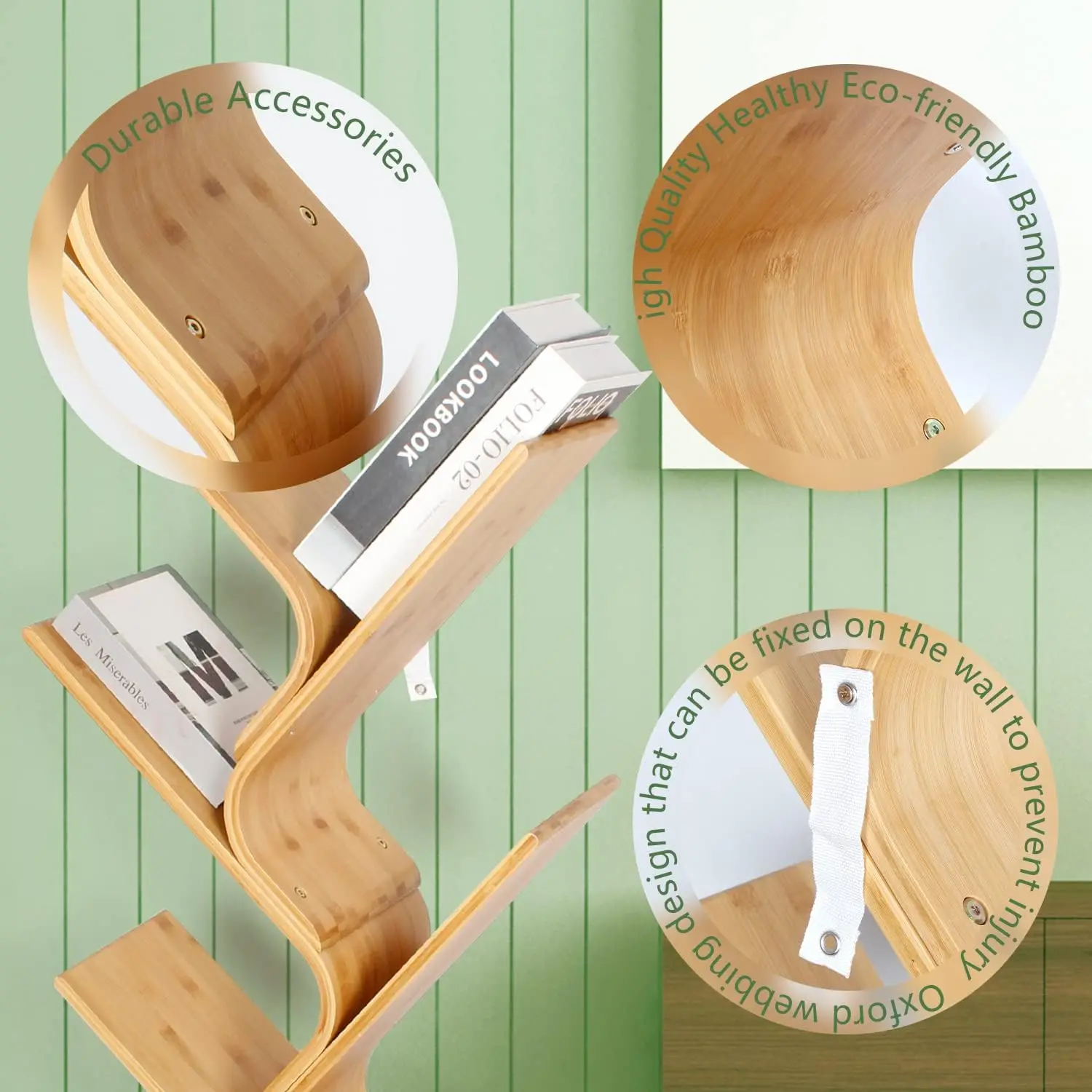 Creative Curved Standing Bookcase Rack Book Storage Organizer Shelves Natural 6-Tier Bamboo Tree Modern Bookshelf