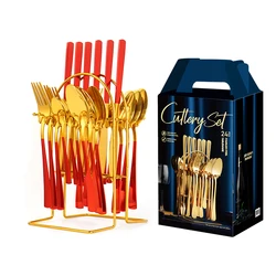 Gold Cutlery suit Household With display shelf Square handle fork spoon knife set stainless steel kitchen Cutlery set Reusable