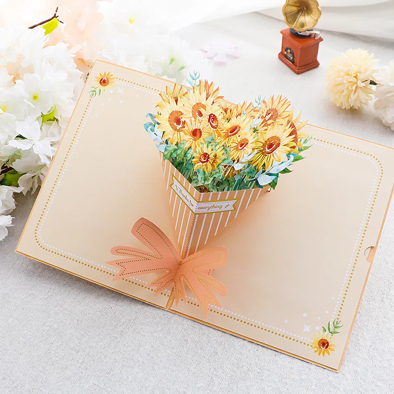 Custom Carnation Flower Design Laser Cutting Paper Crafts Favor Gifts Cards 3d Pop Up Greeting Card for Teachers Day