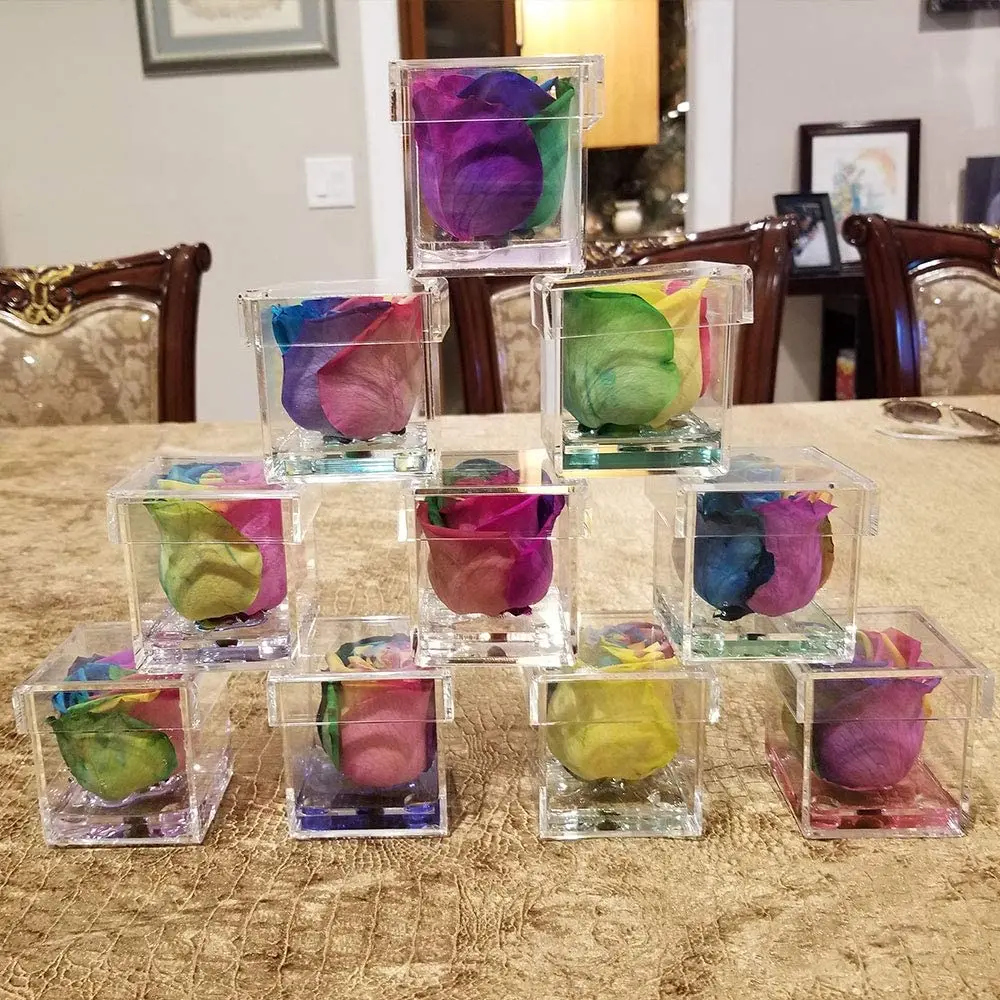 Clear Acrylic Rose Flower Box Invitation with Pink Flowers Decor Mini Acrylic Flower Gift Case