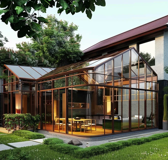 Custom Modern Outdoor Sunroom with Aluminum Frame Tempered Glass Roof Featuring Triangle Flat Slant Polygon Moldings
