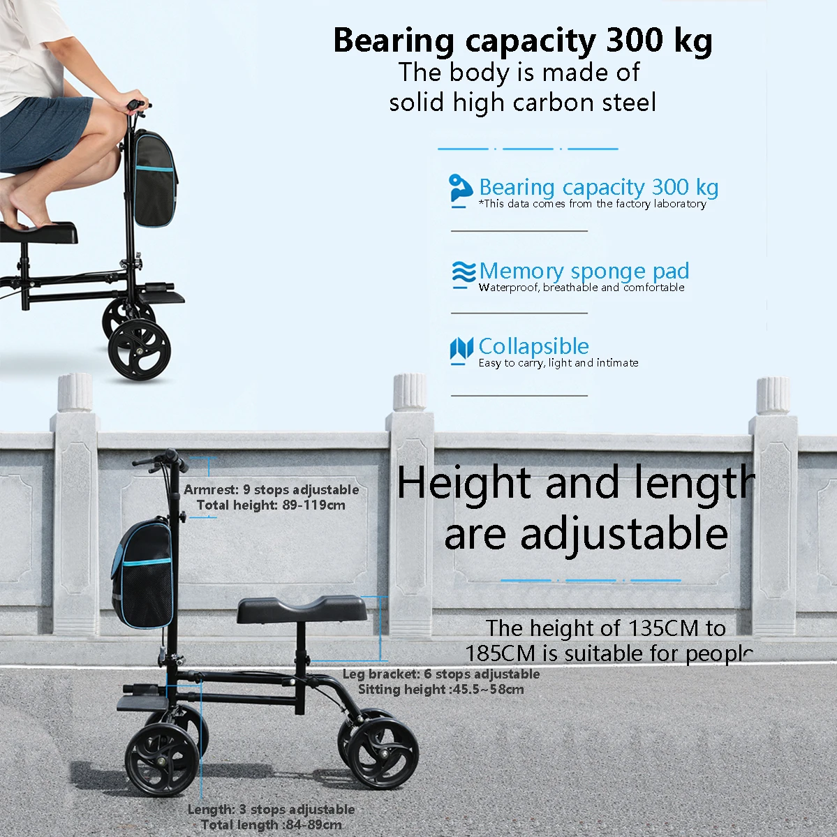 Lightweight Manual Knee Walker Portable Handicap Scooter for Disabled and Elderly Mobility Outdoor Standing Walking Aids