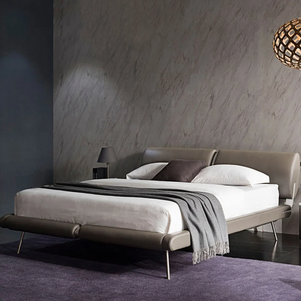 
King Size Modern Double Leather Upholstered Backrest Metal Aluminum Sheet Support Bed Frame 
