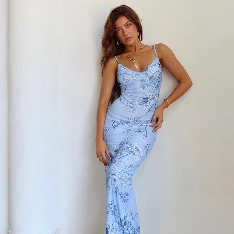 YY1819 fashion women spaghetti strap floral holiday maxi long dress trendy summer women clothing 2024