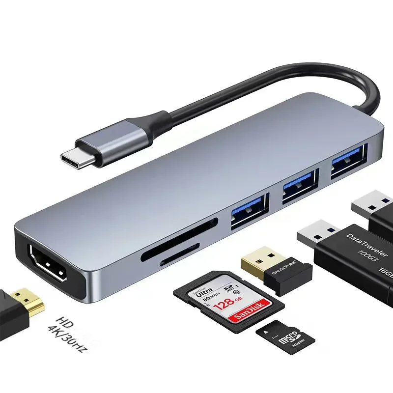 6 in1 USB Type C Hub Adapter 4K Multiport  USB3.0 TF PD SD Card Reader All In One hub For Macbook Pro And Windows Laptop