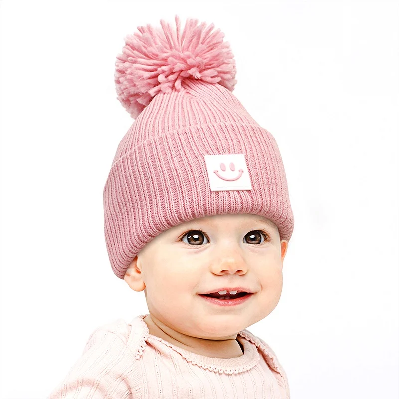 New Cute Design  Kids Rib Pompom Knitted  Patch Smile  Baby Knit Beanie Hat