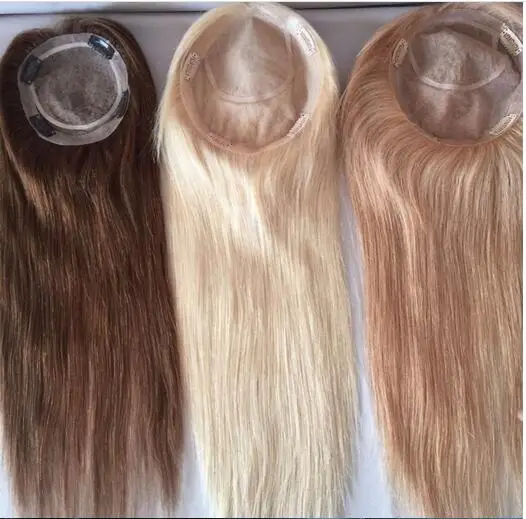Ali express blonde color long hair wigs Mono and PU human hair toupee for women
