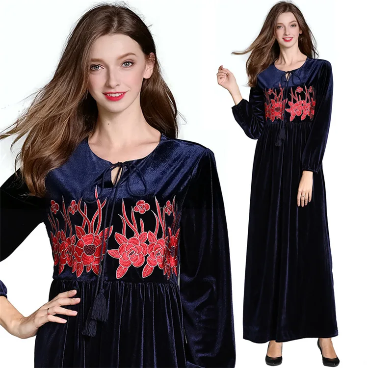 
luxury fancy clothes women velvet flower embroided abaya dubai muslim dresses 