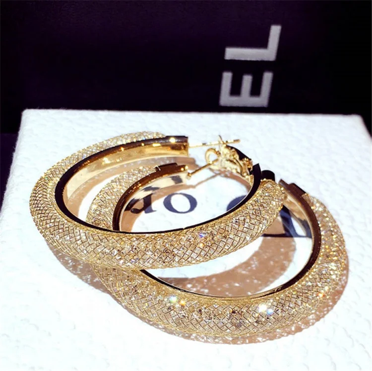 The New Silver Needle Earrings Exaggerated Trend Inlaid Rhinestone Large Circle Temperament Earring