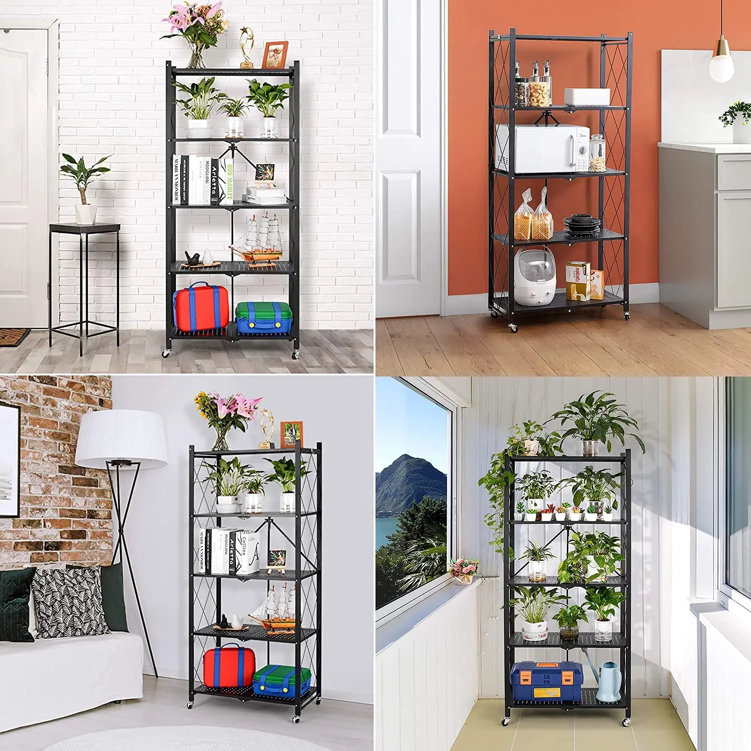 Metal Heavy Duty Storage Shelf  5-Tier Foldable free Standing Shelf Units Storage Rack with Wheels