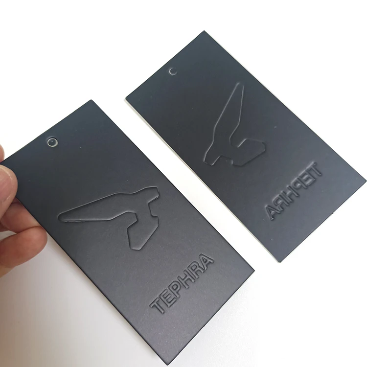 Custom embossed logo design black black cardboard art paper price tag hang tags clothing,printed garment hangtag