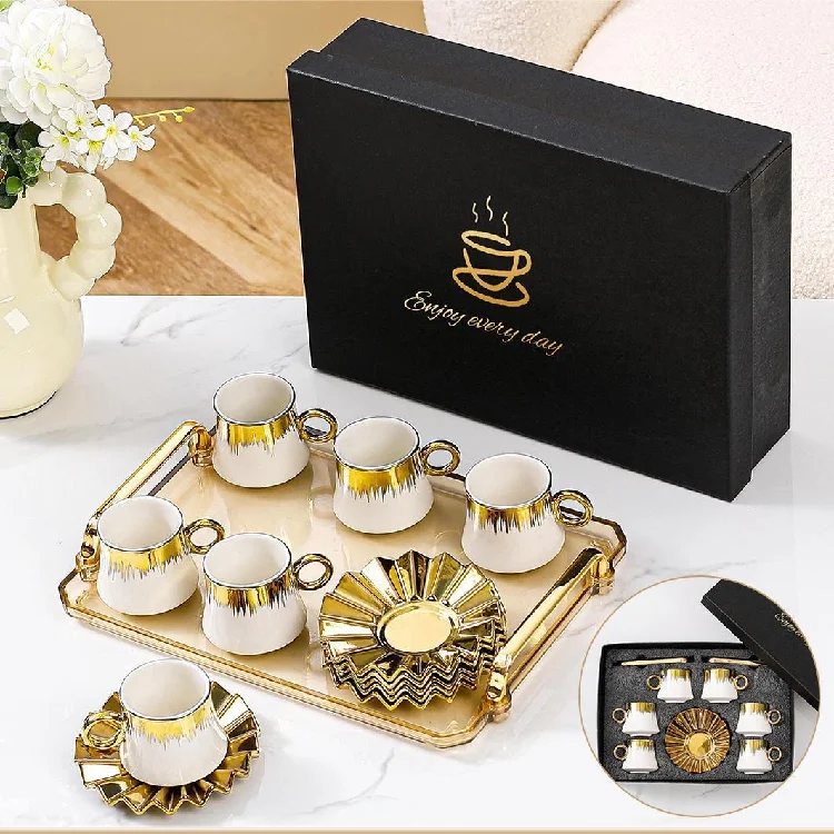 Middle East Arabic GoldPlated Ceramic Coffee espresso Cup with Saucer Set of 6 Cups Tray European Style Gift Box for Export