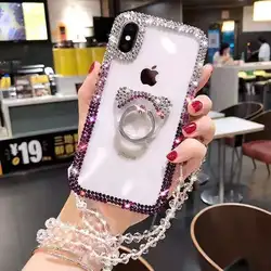 Luxury Diamond Clear Mobile Phone Case Cover With Ring Stand and Neck Strap For Iphone 11 12 13 Pro Max Case