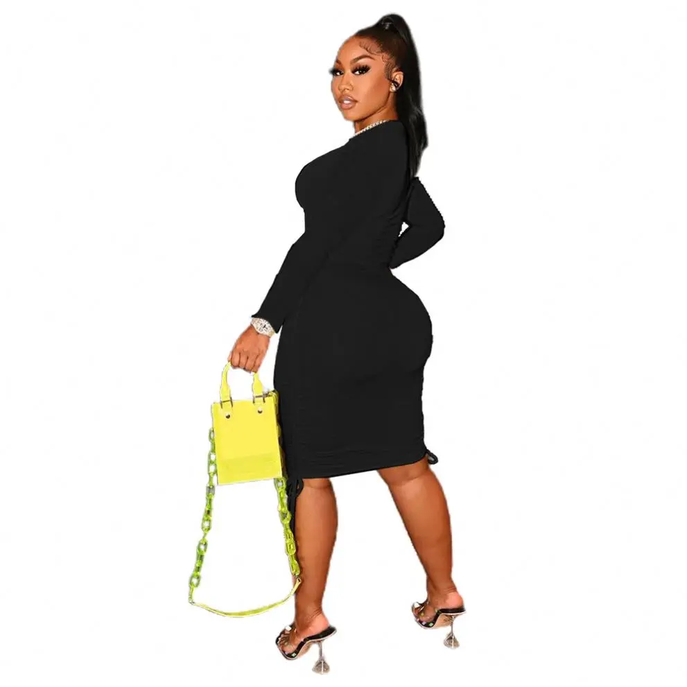 Cheap Casual Women Dress Clothing Long Sleeve Plain Woman Fall Tight Dress Stretch Solid Ruched Midi Dress