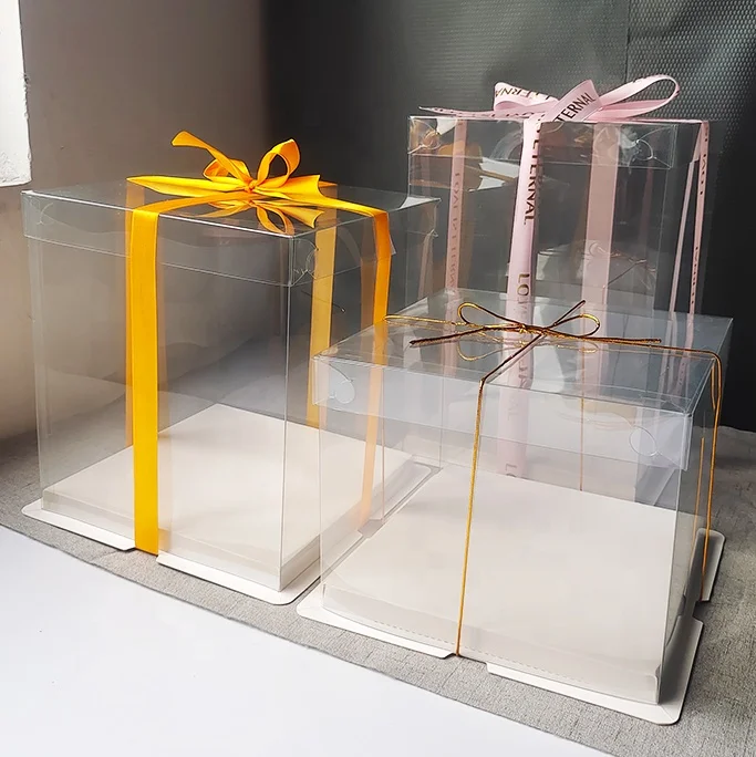 rose bear gift box clear plastic square transparent window mini tall acetate cake box  with rope