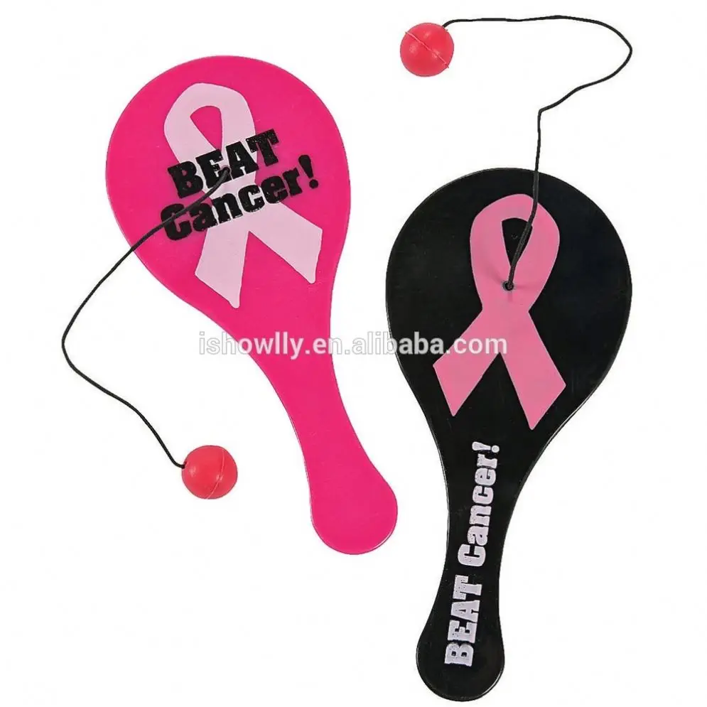 
Hot Sale Promotional Plastic Mini Breast Cancer Awareness Paddleball Games Custom Cheap Pink Ribbon Beat Cancer Paddle Balls 