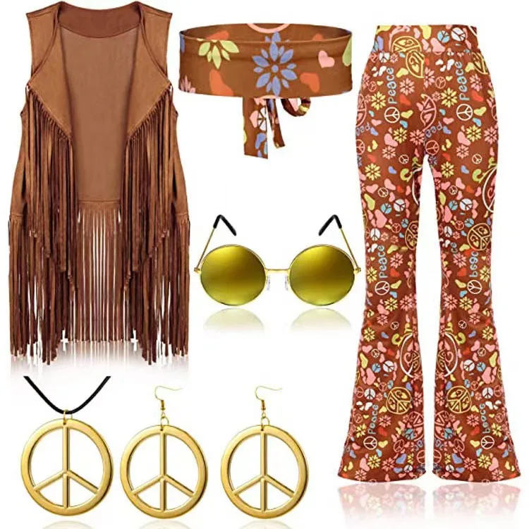 Halloween Hippie Accessories 70s Costume Outfits Fringe Vest 60s Decades Clothes Pants Hippy Glasses Headbands Flower Crown
