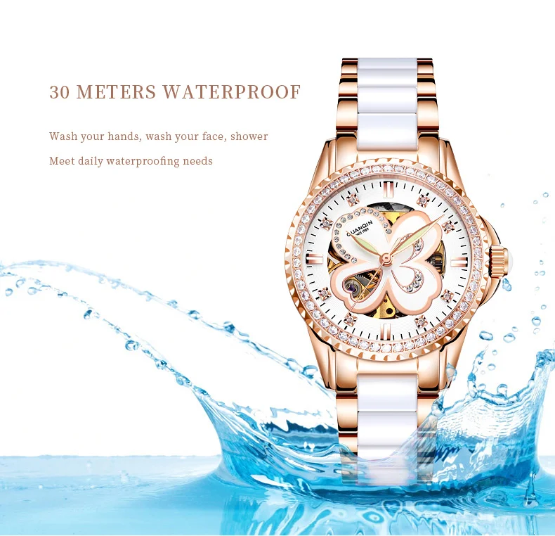 GUANQIN Brand Custom Logo Beautiful Design of Women  Ceramic Strap Automatic Mechanical Smart Watch