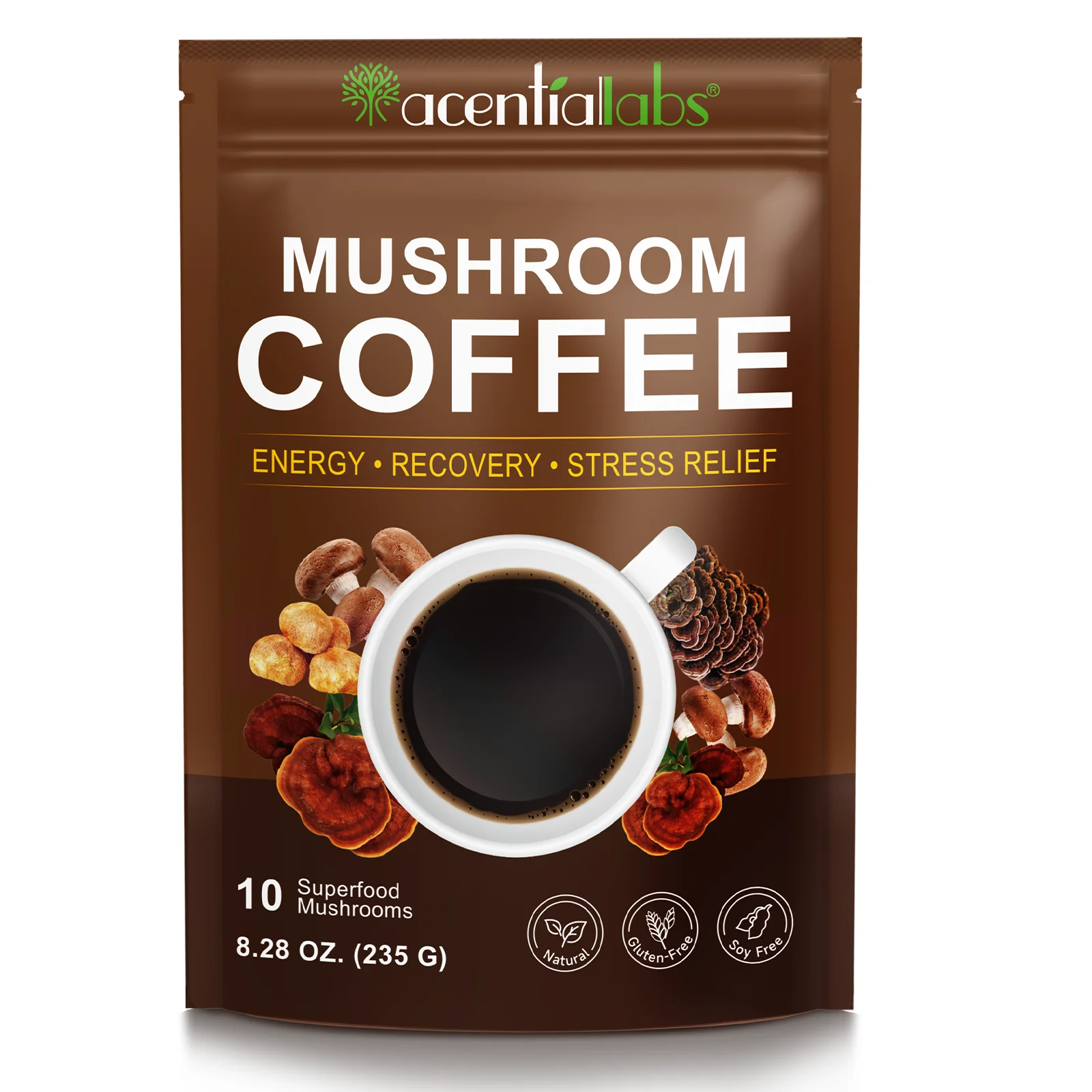 Acentiallabs stress relief energy recovery mushroom coffee weight loss organic 10 in 1 instant reishi mushroom coffee powder