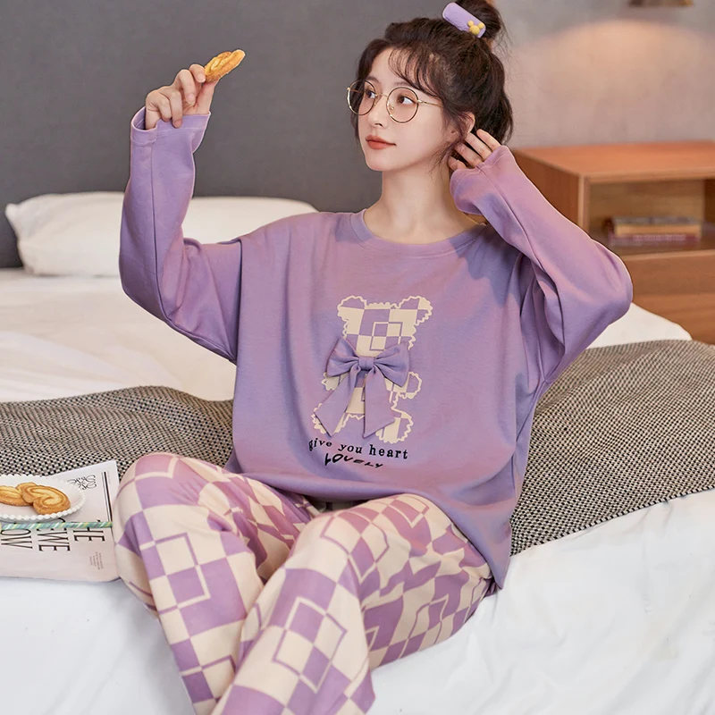 Manufacturer spring and autumn sleepwear set  cotton pajamas for women holiday party home wear