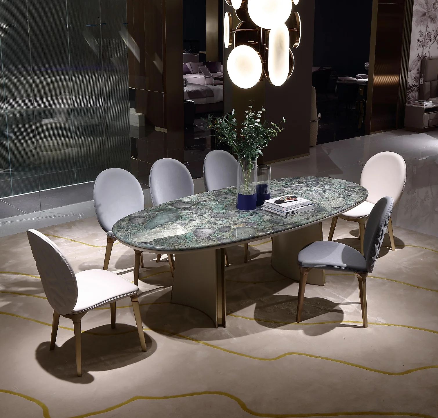 Jason Modern Italian Luxury Dining Table and Chair Set Drop-Shaped Natural Marble Long Rectangular Table Furniture Stone