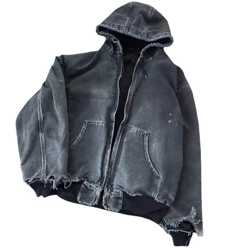 Custom High Quality 100% Cotton Denim Sun Faded Jackets Heavyweight Acid Washed Oversized Distressed Zip Up Hoodies For Men