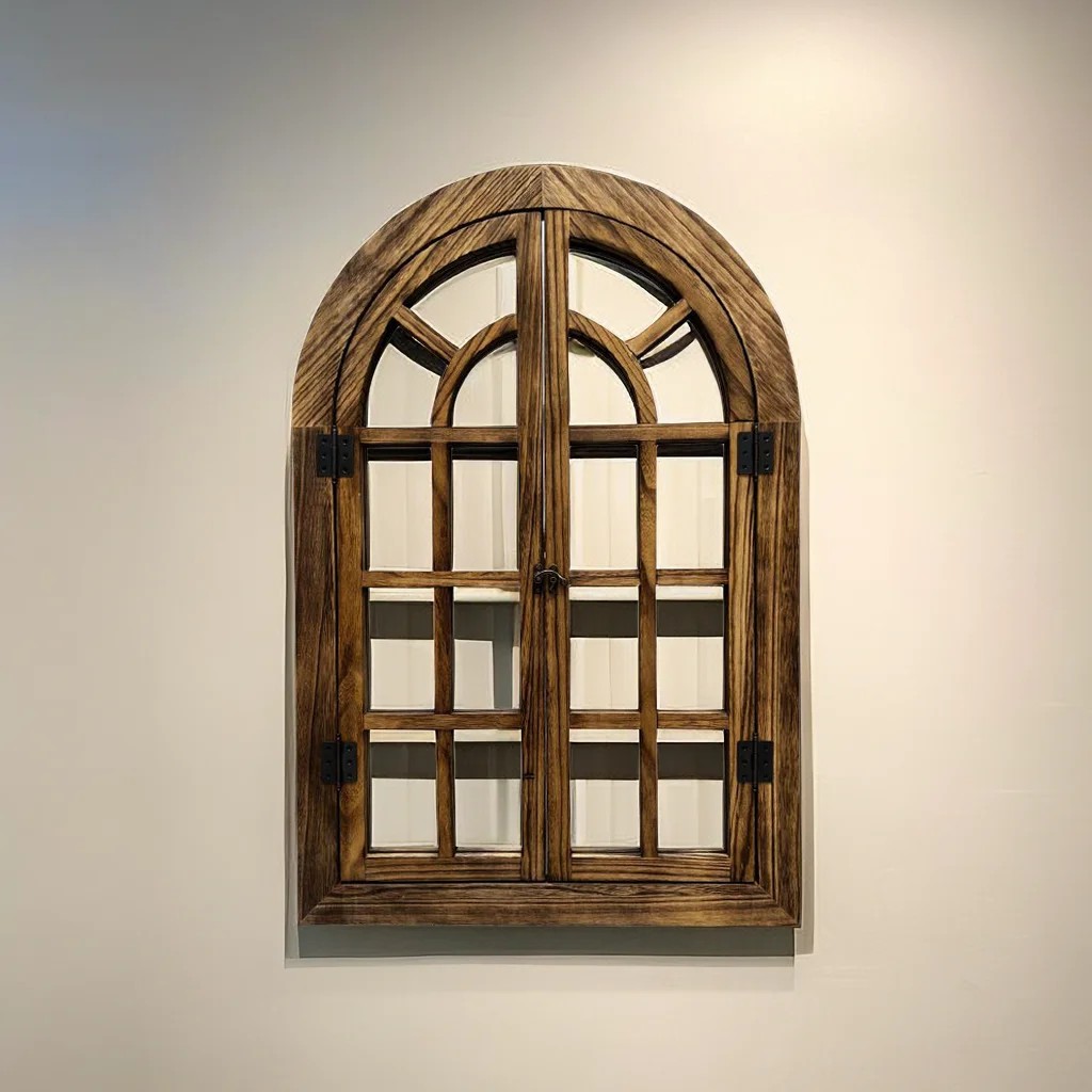 Luxury Living Room Furniture Window Style Decorative Mirror with Natural Solid Wooden Frame for Wall Decoration