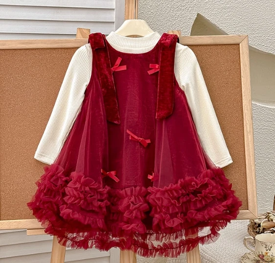 Shuoyang New Bow Princess Dress for Autumn/Winter 2024 A Christmas dress designed for beautiful girls aged 3-13 Boutique skirt