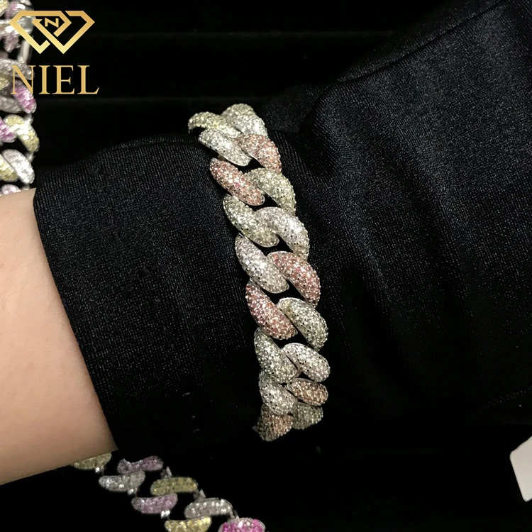 12mm hip hop women jewelry white green orange sapphire silver link iced cuban chain 925 natural stones bracelet