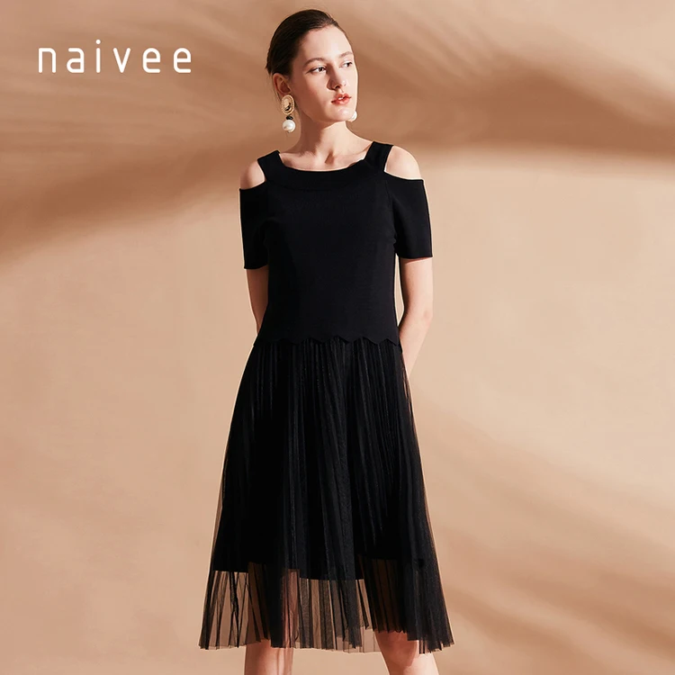 
Naivee 2020 summer two piece pleated women black summer dresses 